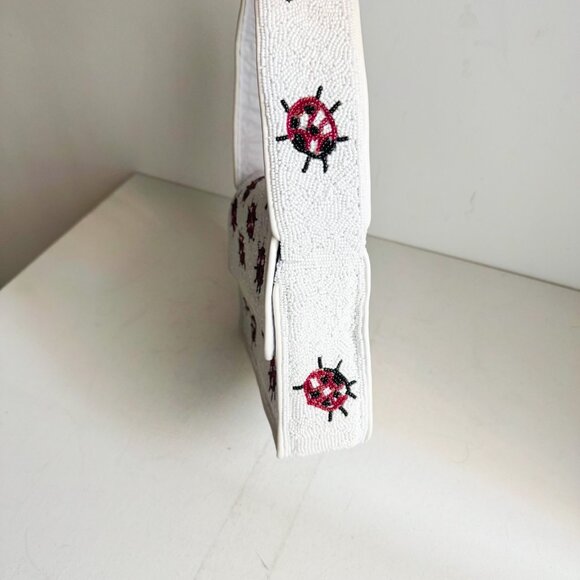 Beaded Lady Bug Lucky White Red Large Baguette Bag - Picture 12 of 14